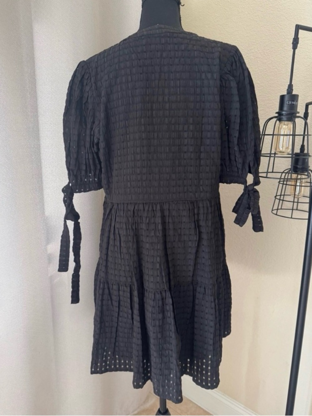 Pinch Mya Black Mini Dress Tie Sleeve Textured Babydoll Size M - Picture 6 of 8